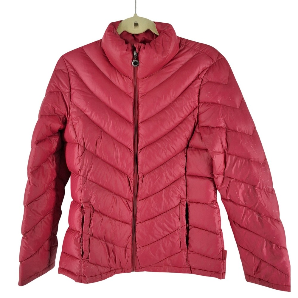Calvin Klein Womens Red Chevron Packable Duck Down Puffer Jacket with Bag